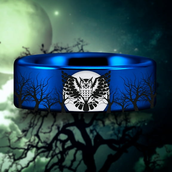 Blue Owl and Trees Tungsten Carbide Ring