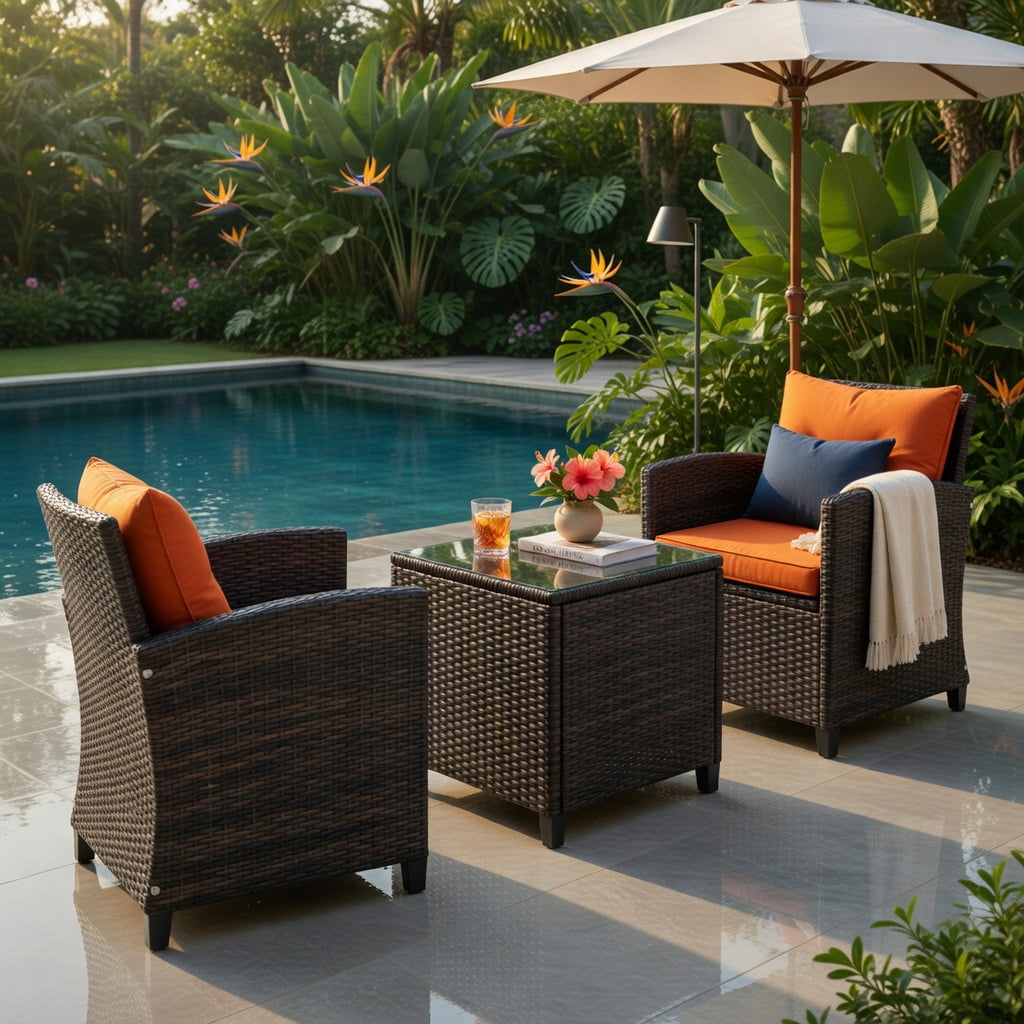 Hommoo 3-Piece Outdoor Rattan Patio Furniture Set with Washable Cushions, Orange