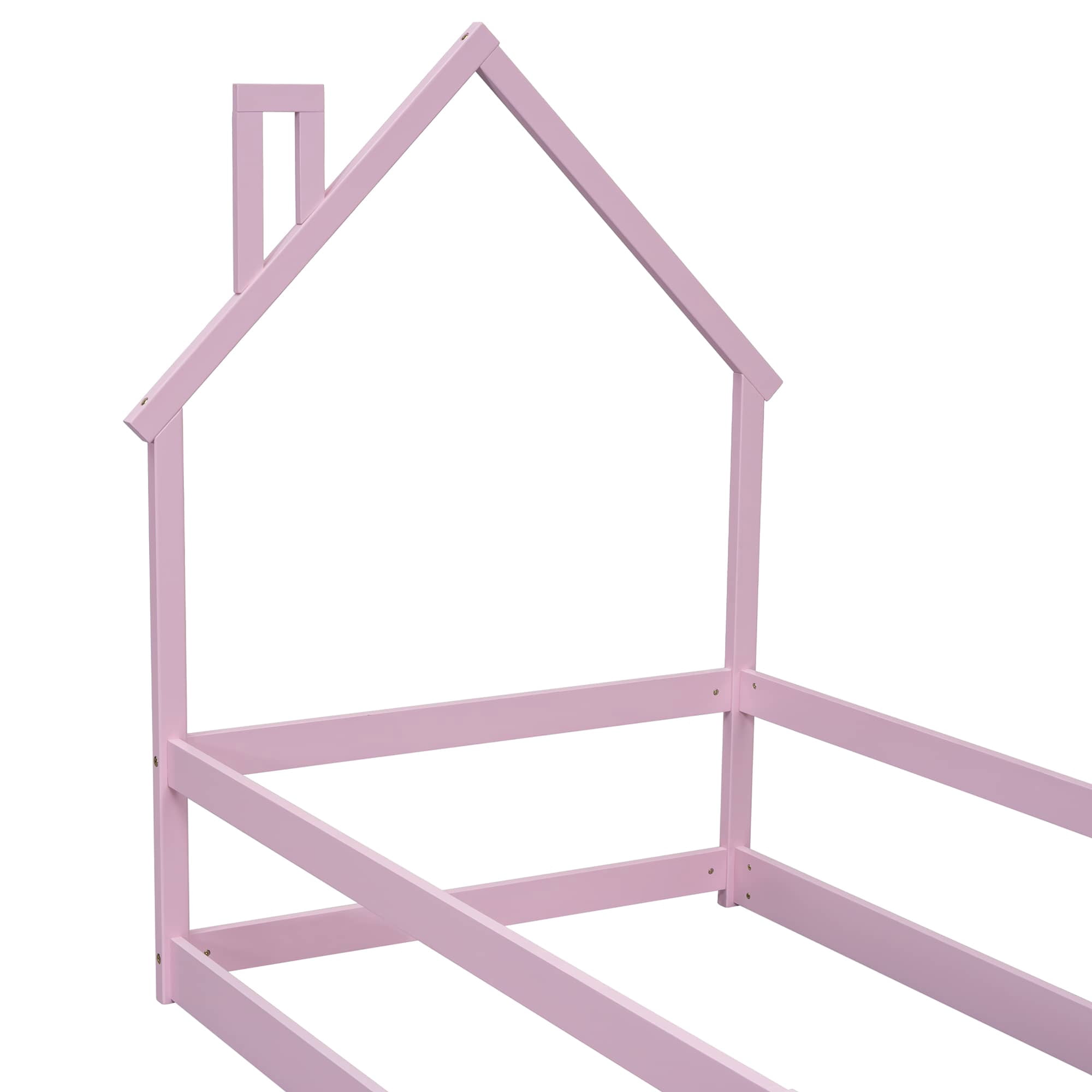 MAYEERTY Twin Size Wood Bed Frame with House-Shaped Headboard with Fences for Adult, Pink