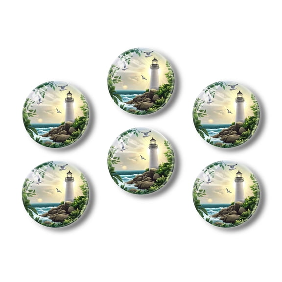 Glass Refrigerator Magnet 6Pcs Magnetic Fridge Sticker,Decor for Kitchen,Whiteboard,Cabinet,Beautiful Lighthouse Stands On The Rocky Seashore