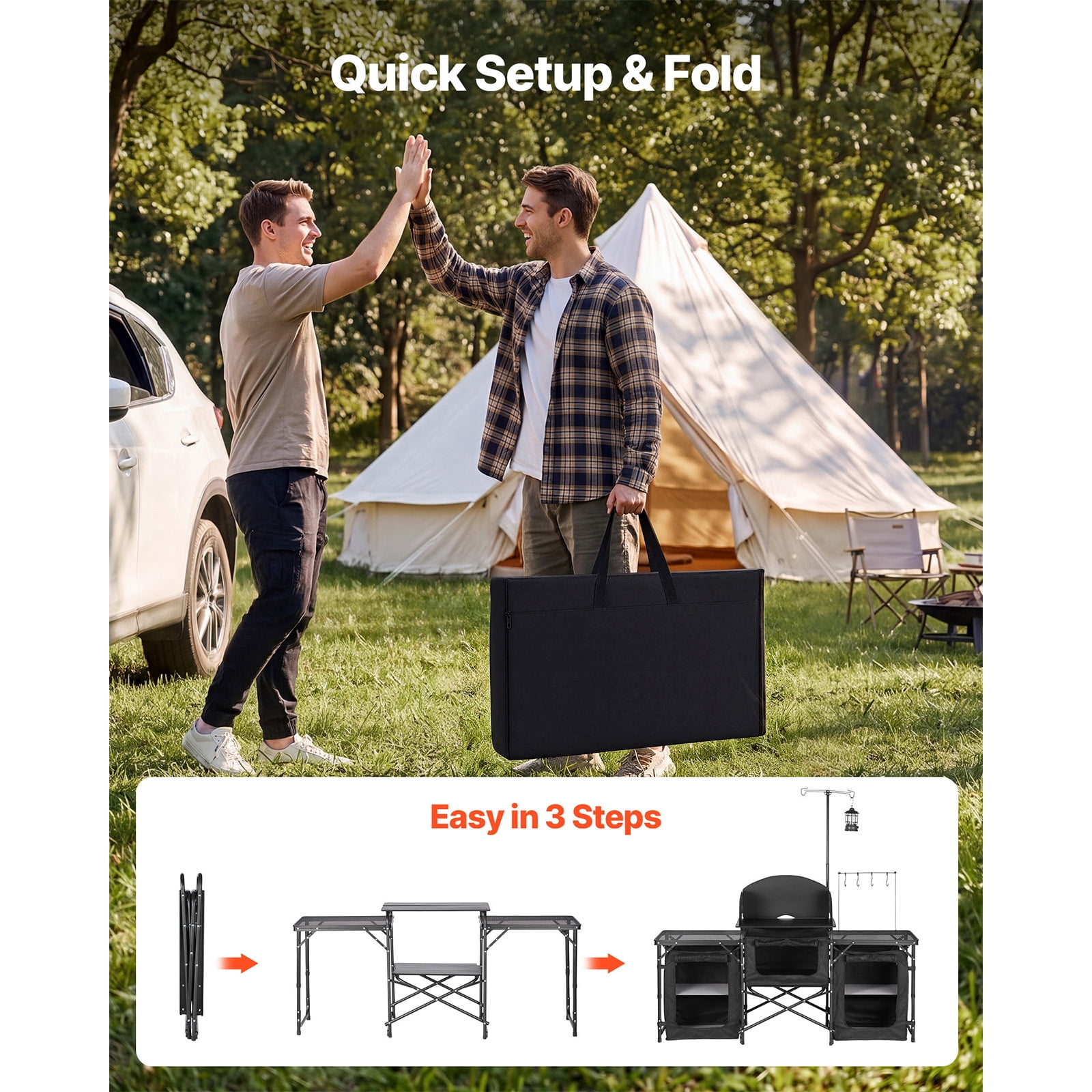 KFFKFF Folding Camping Table with Portable Design, Quick Setup Kitchen Station, Storage Organizer, Adjustable Legs, Detachable Windscreen, and Carry Bag for Outdoor Activities, Picnics, BBQs