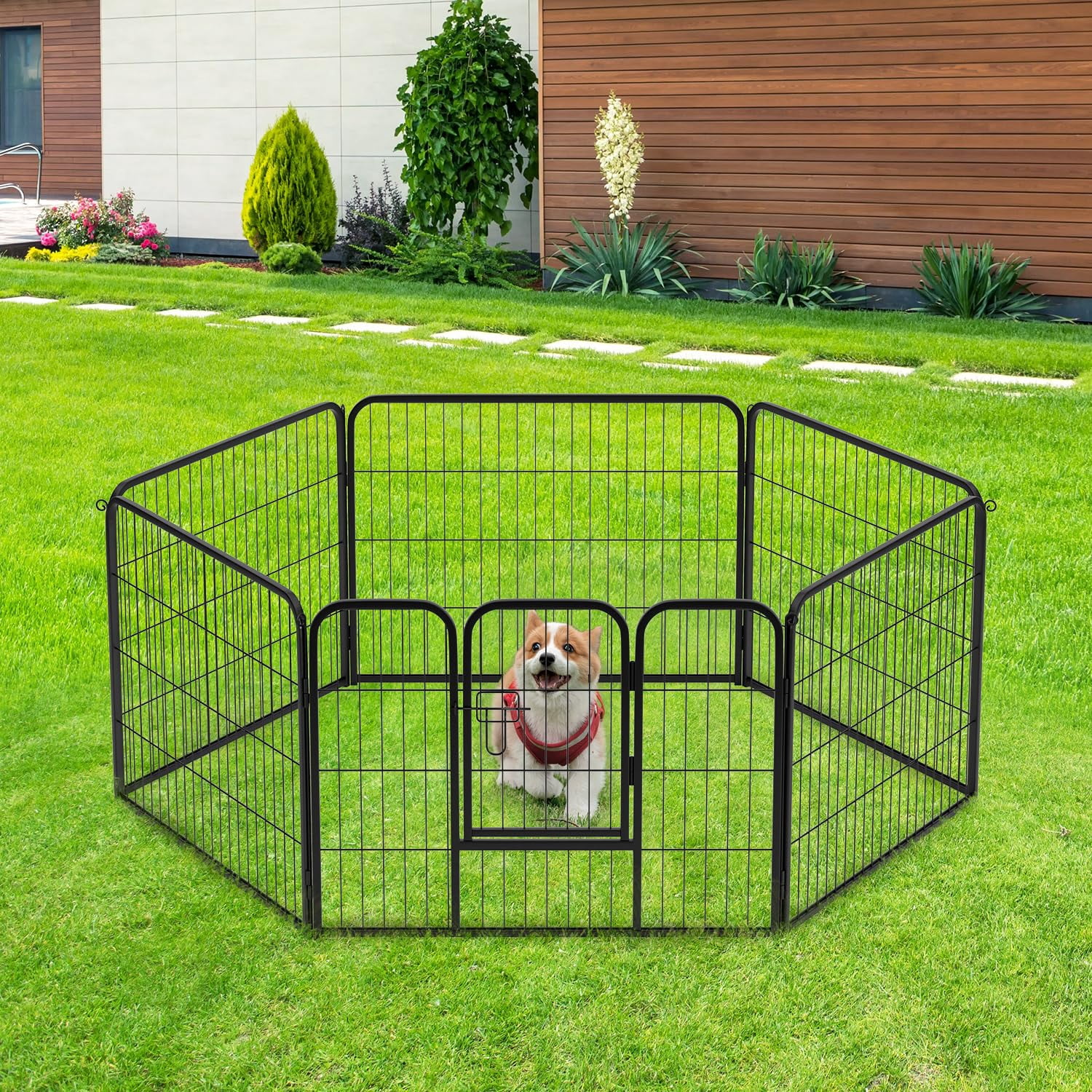 XF XINFENG Dog Playpen 24 inch 6 Panels Metal Dog Pen Pet Dog Fence Outdoor Exercise Pen with Doors,Pet Puppy Playpen for RV Camping Yard, Black