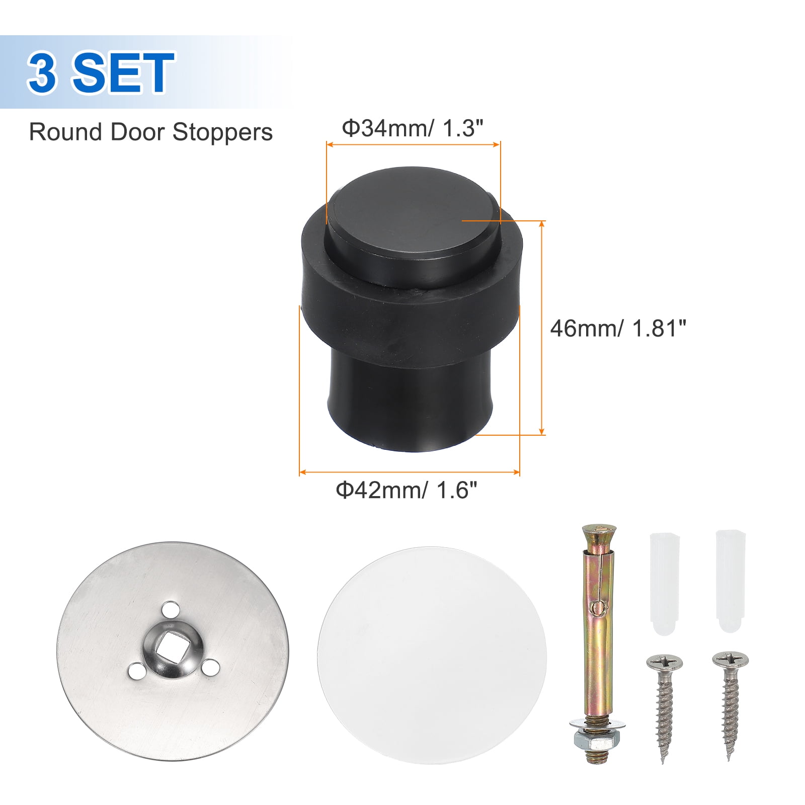 3Set Round Door Stoppers, 46mm Stainless Steel Door Stop Doorstop Wedge Metal Cylinder Self Adhesive with Screw for Bottom of Door Floor Inside, Black