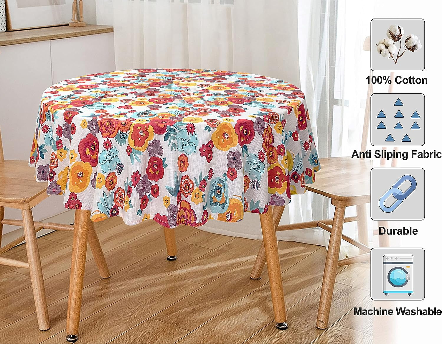 Ruvanti Table Cloth 70" Round 4-6 Seats, Quality 100% Cotton Round Tablecloth, Washable, Reusable Table Cloths, Multi Color Flower Design for Buffet Table, Parties, Holiday Dinner, Wedding & More