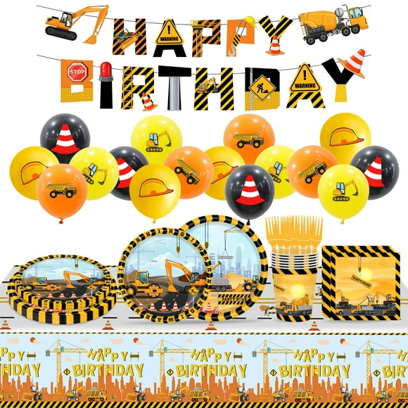 Fournitures de Fête d'Anniversaire de Construction Serve 20 Ensemble de Vaisselle à Thème de Construction Assiettes de Camion-Benne Serviettes Gobelets Fourchettes Couteaux Bannière Nappe