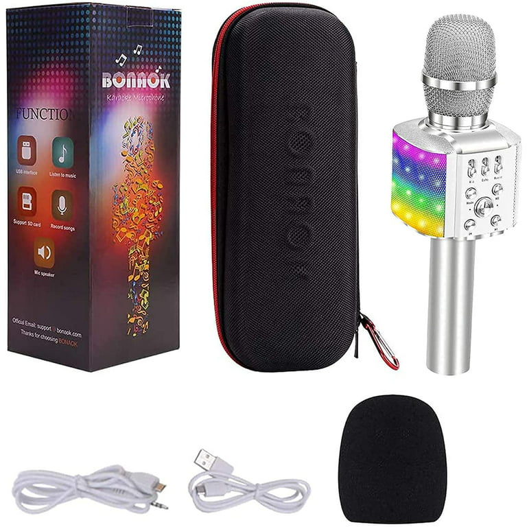 Bonaok Microphone karaoké sans fil Bluetooth avec lumières LED
