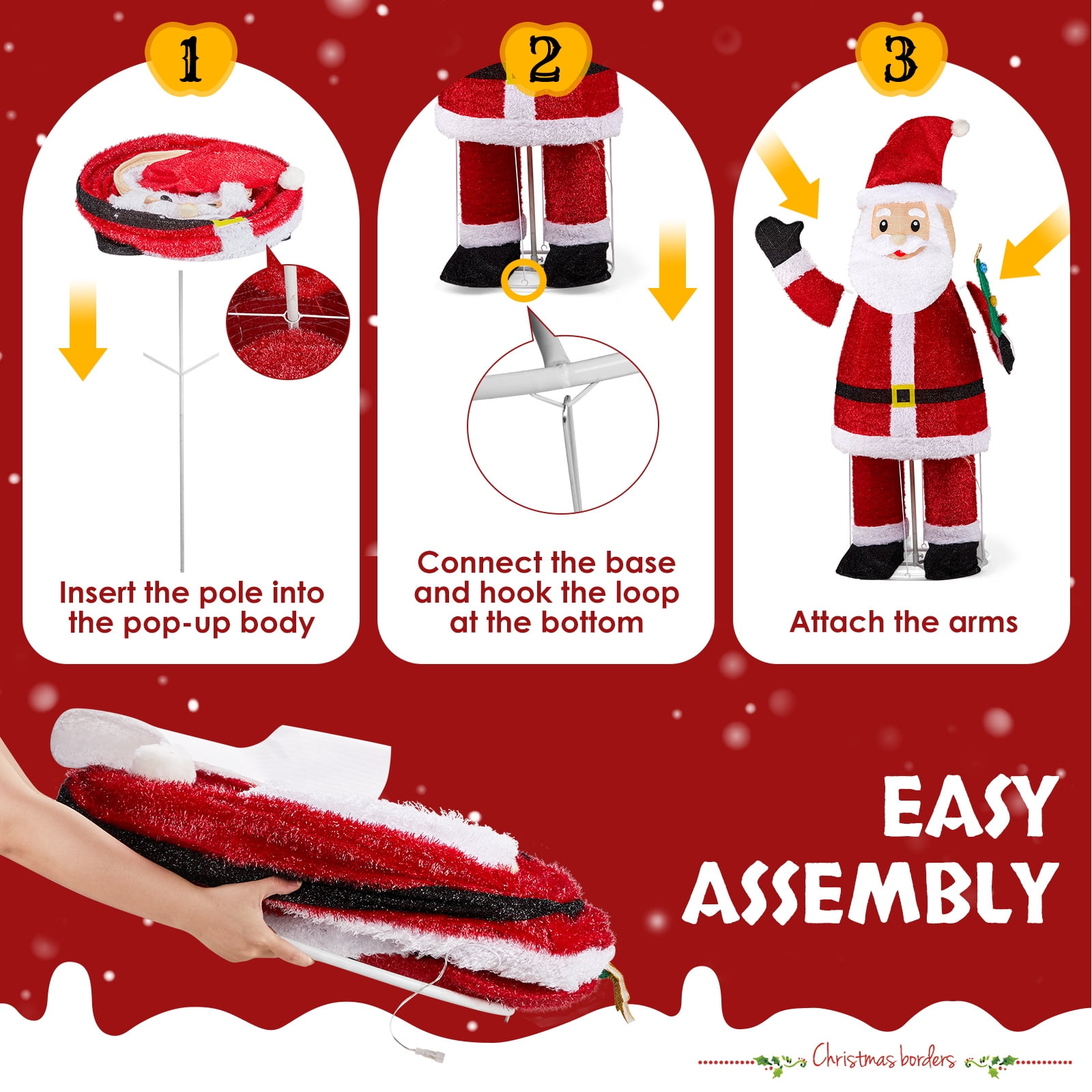 Astoutdoor 6 ft Lighted Santa Christmas Yard Decoration, Pre-lit Pull Up Santa with 180 LED Warm White Lights and Ground Stakes, White