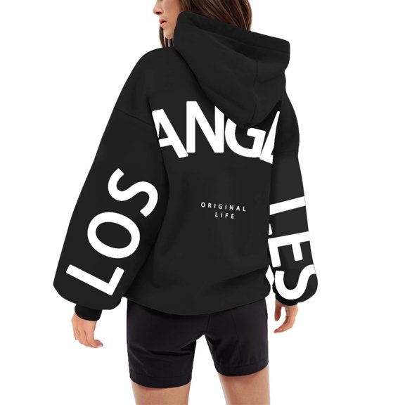 Oversize Hoodies for Women Trendy Fashion Letter Print Long Sleeve Hooded With Pocket Plus Size Clothes Outfits Black