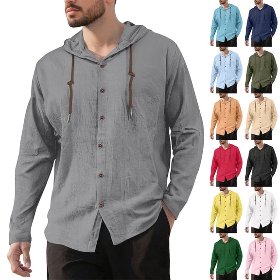 Hearthz Linen Hooded Mens Shirts Casual Button Down Long Sleeve Hoodie Men Drawstring Lightweight Beach Sweatshirts for Men Gray L