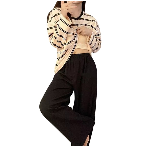 Puntoco Conjuntos de pijama cómodos para mujer, ropa de dormir con cojín en el pecho para mujer, conjunto de pantalones largos y mangas largas de algodón de imitación y primavera, informal, holgad