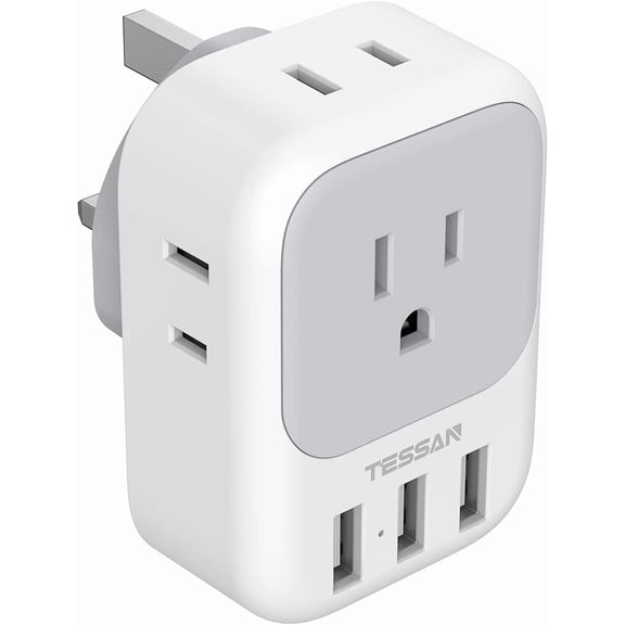 US to UK Plug Adapter, TESSAN Type G Ireland Travel Adaptor with 4 Electrical Outlet 3 USB Charger, USA to England Scotland London Dubai Hong Kong Singapore Kenya British Malaysia Tanzania