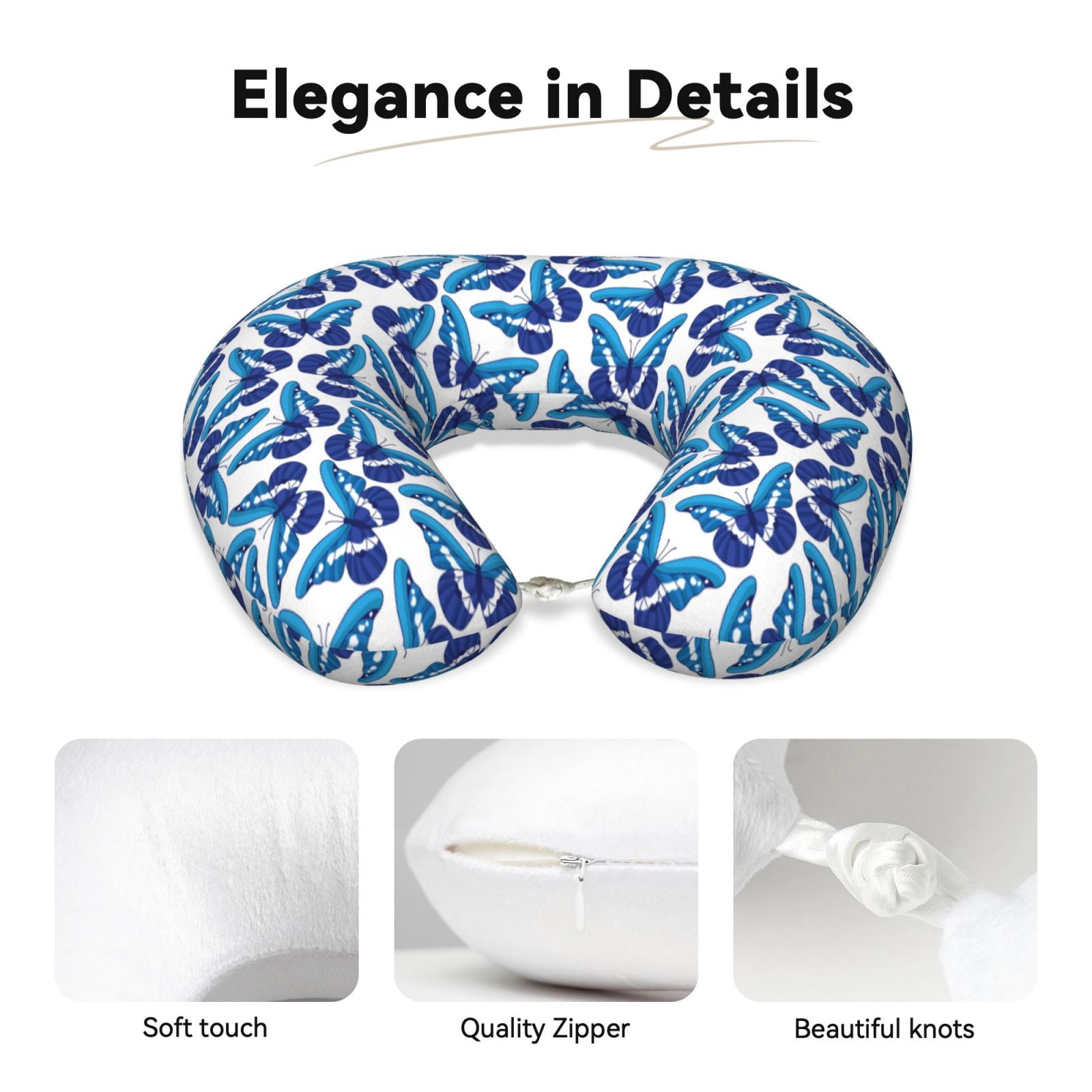 Xecao Blue Butterflies Print Memory Foam Cervical Neck Pillow Versatile U-Shaped Pillows for Home,Office,Camping,Travelling,Soft Washable Cover