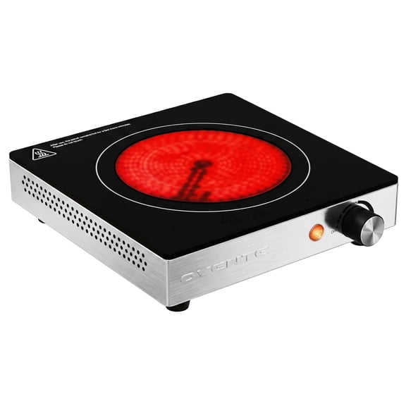 OVENTE Infrared Ceramic Single Burner, 1200W Hot Plate, Black BGI301GB | Crystalline Glass, Portable Stainless Steel Cooktop for Home, Office, or Dorm Use, Non-Slip Feet
