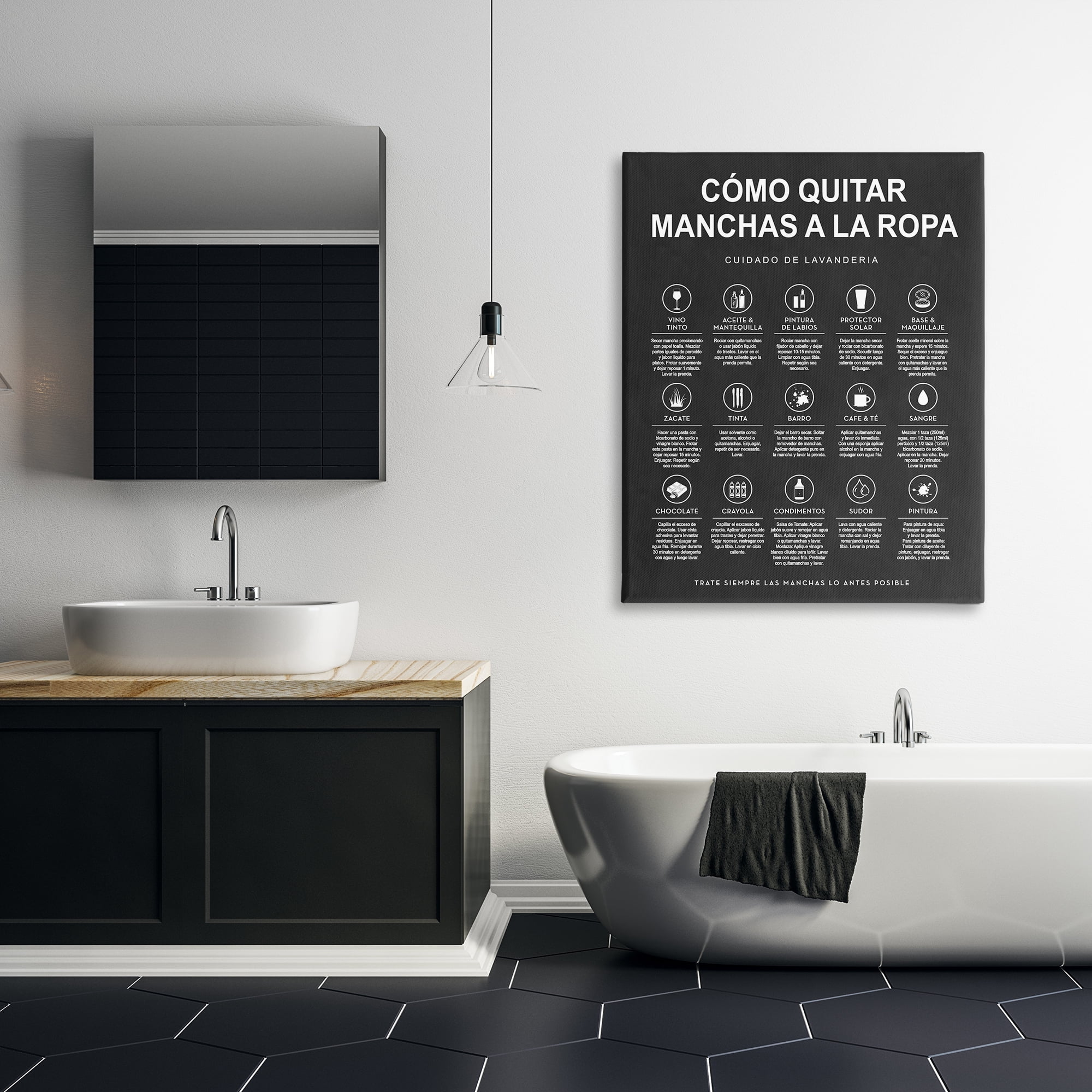 Stupell Industries Guía de Limpieza de Manchas, Negro Bath & Laundry Painting Wrapped Canvas Art Print Wall Art, 36 x 48