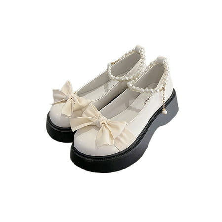 

Ritualay Ladies Mary Jane Bowknot Casual Walking Shoes Ankle Strap Dress Shoe Buckle Non-slip Loafers Daily Outdoor Platform White 4.5