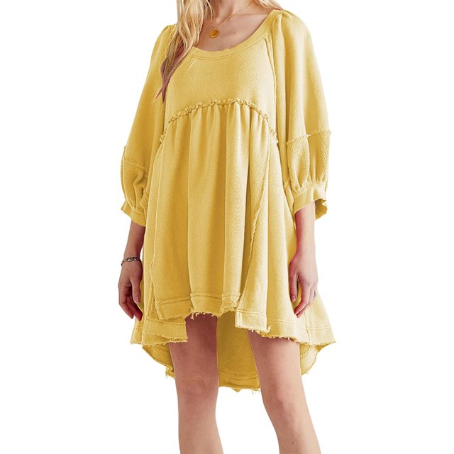 xiaxaixu Robe d'Été Mini pour Femmes Manches Lanterne Couleur Unie Tunique Ample Robe Courte Bouffante
