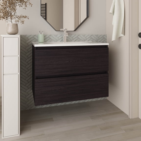 Vanity With Sink, Bathroom Vanity with Sink, 2 Drawers, Black Wengue, Black Bathroom Vanity,Engineered Wood Single Sink Vanity, Bath & Faucets Bathroom Vanities
