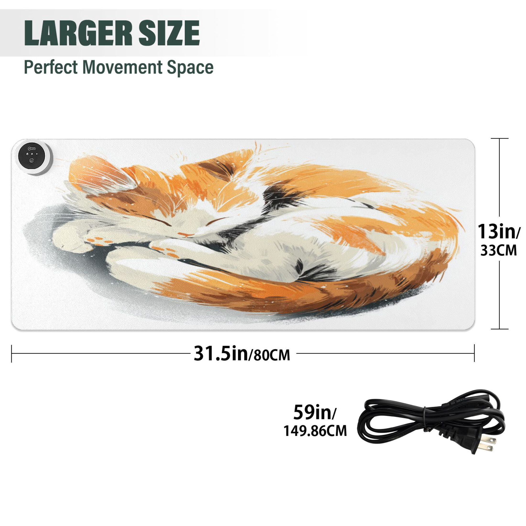 Large Heated Desk Mat Mouse Pad 31.5"x13"PU Leather Graphene Heating Desk Warmer with 3 Temperature Settings 110V US Plug Non-Slip Warm Pad for Home, Office, and Gaming Adorable Orange Cat Asleep