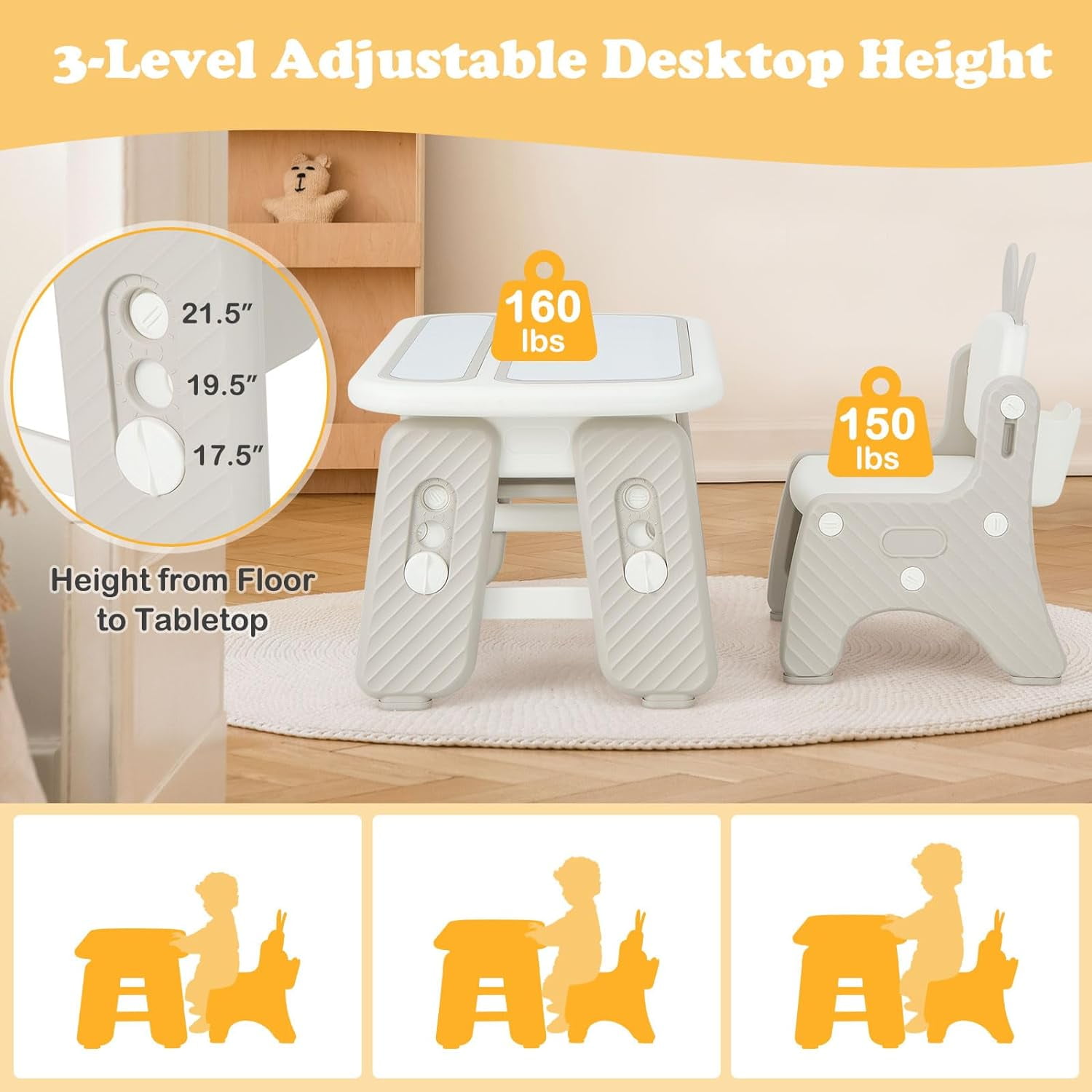 OLAKIDS  Kids Table and Chair Set, Activity Table with Magnetic Drawing Board 4 Gears Adjustable Height Bookshelf Watercolor Pens, Toddler Plastic Furniture Table for Playing Reading Eating