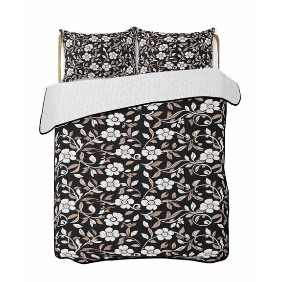 Black White Floral Summer Quilt Set King Size,Soft Microfiber Quilted Bedding Set with 2 Pillow Shams,Farmhouse Vintage Botanical Leaves Lightweight All Season Bedspread Coverlet for Bedroom 96"x106"