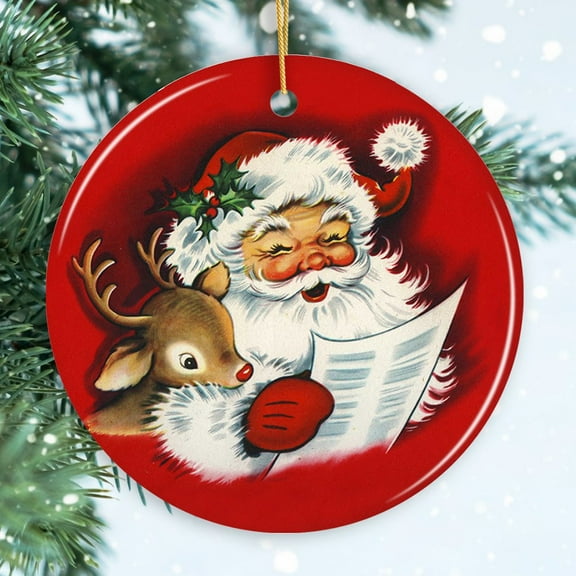 Santa and Baby Reindeer Singing a Christmas Carol Ornament