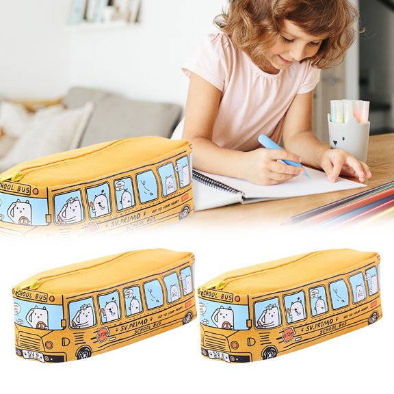 Clearance pencil case under $5,Creative Student Stationery Small Animal Buses Pen Bag Public Canvas Stationery Box 1PC