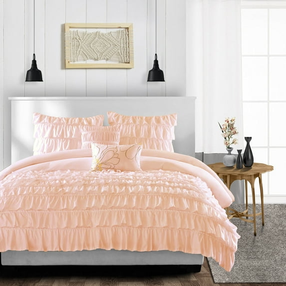 Duvet Cover 3 Piece Egyptian Cotton Cozy & Breathable 600 Thread Count Multi Ruffle Duvet Covers with Zipper Closure & Corner Ties Soft Comforter Cover (Super King, Peach )
