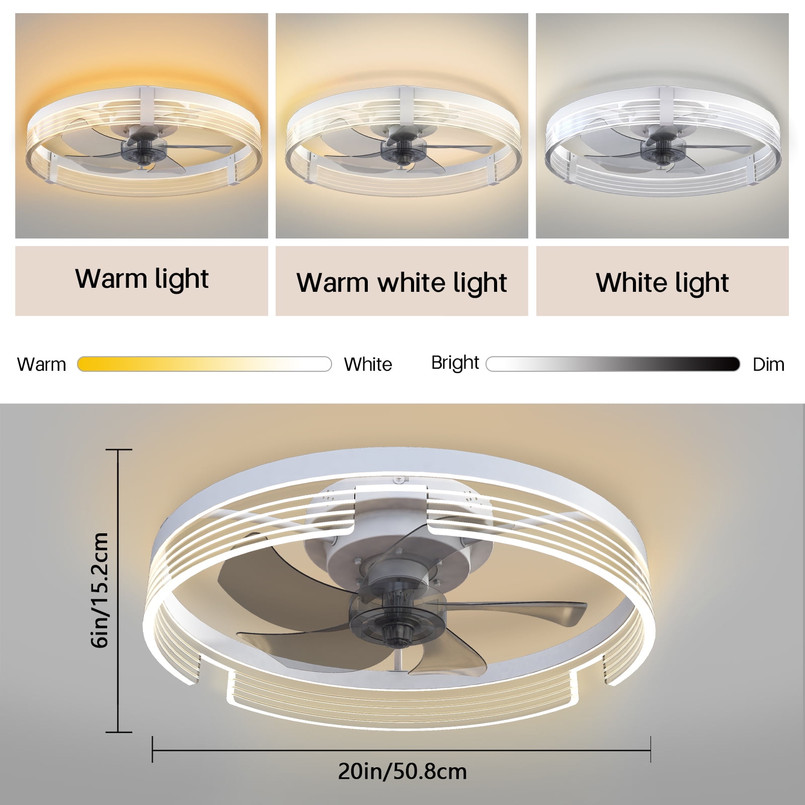 Surnie White Ceiling Fan with Light-Modern Flush Mount Low Profile Ceiling Fans Timing Remote Control, Smart Small Enclosed Reversible Dimmable LED Lighting Fan for Indoor Bedroom Living Room Kitchen