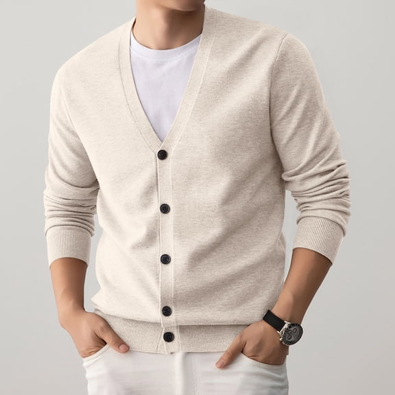 QHRMKOG Men's Cardigan Sweaters Solid Color Long Sleeve V Neck Cardigan Loose Fit Warm Button Up Cardigan Sweaters Winter Casual Knitted Sweaters Beige L