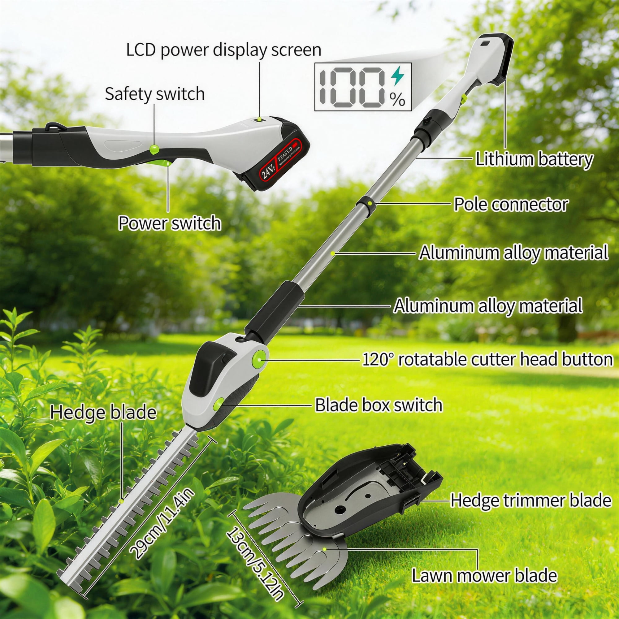 Hedge Trimmer,Gochifix 4-in-1 Cordless Pole Hedge Trimmer with 2X 2.0Ah Batteries and Dual-Action Blade for Garden Yard Tree & Shrubs Pruning