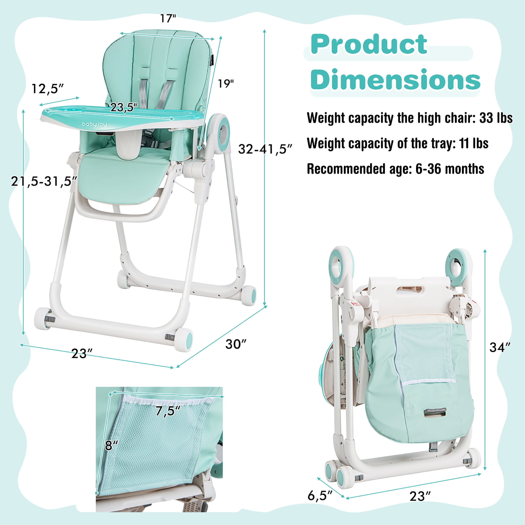 Chaise Haute Pliable 3 En 1 Pour Bébé - MARSEE - Hauteur Réglable - Plateau Amovible - Harnais 5