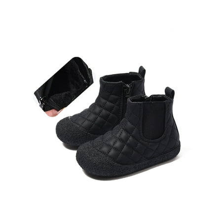 

Ritualay Children Chelsea Boot Side Zipper Short Bootie Flat Ankle Boots Non-Slip Winter Warm Booties School Elastic Black with Cotton 12C
