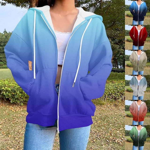 Meichang Women Gradient Zip Up Hoodies Oversized Long Sleeve Drop Shoulder Hooded Jacket Fleece Hooded Sweatshirts Fall Winter Coat with Pockets