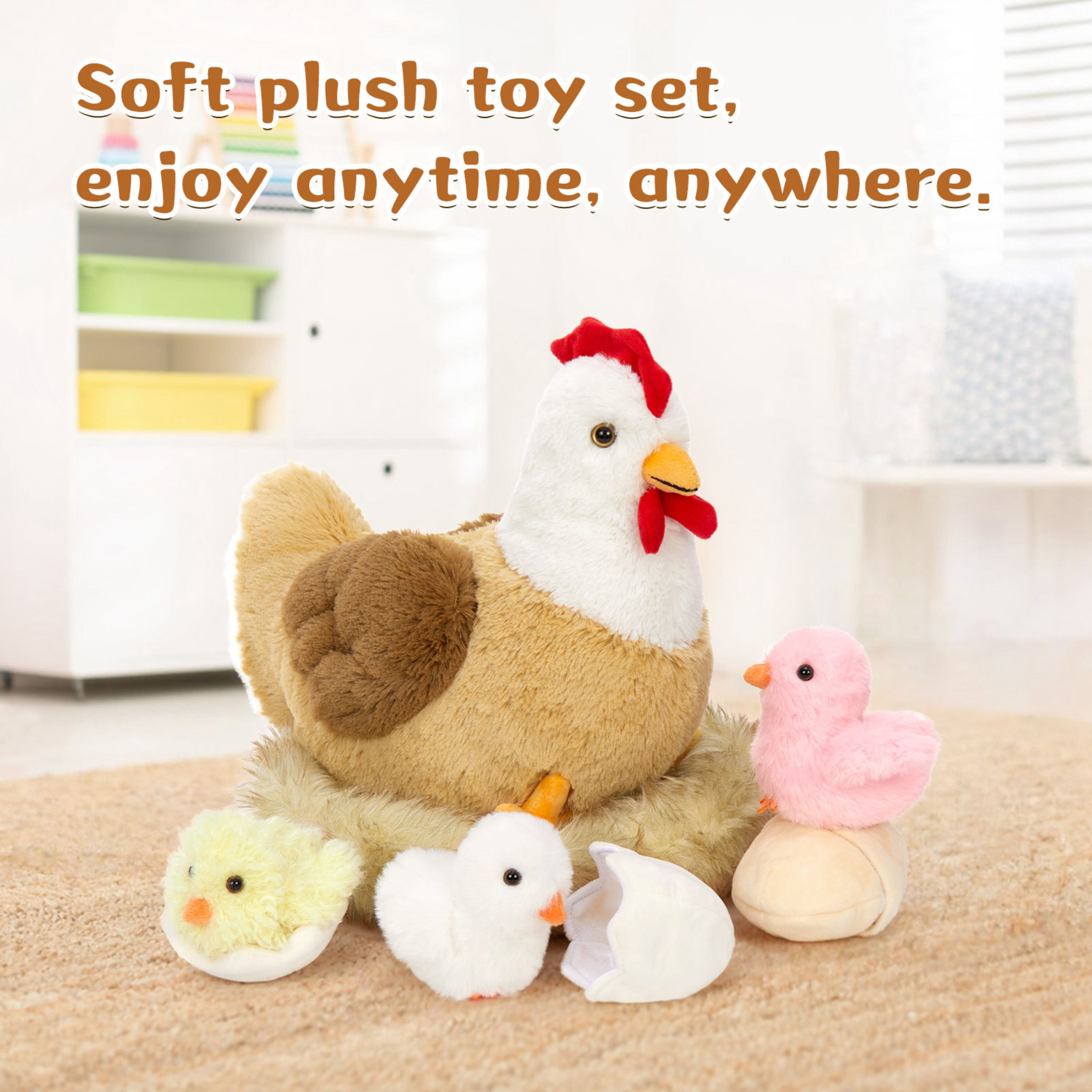 Tezituor 7Pcs Chicken Stuffed Animals 14'' Stuffed Hen with Baby Chicks, Eggs, and Nest House Plush Farm Stuffed Animals