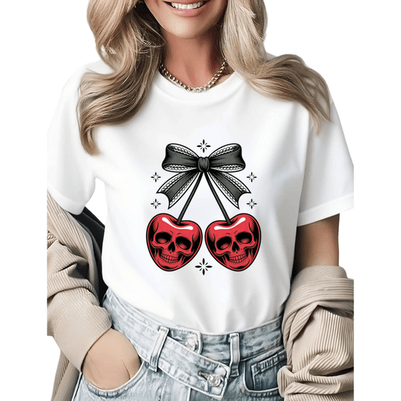 Coquette Skeleton Cherry Black Bow Graphic Tees Womans T shirt Shirts Black White S-5XL Tops