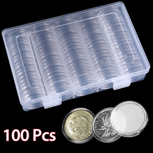 100PCS Clear Round Case Coin Storage Capsules Holder Containers With Plastic Box 
