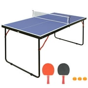 Mid-Size Foldable Ping Pong Table, Mid-Size Portable Table Tennis Table Set with Net, 2 Ping Pong Paddles and 3 Balls, for Indoor Outdoor Game, Noise Free,Blue