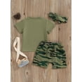 thumbnail image 4 of Bslissey Little Girls 3Pcs Summer Outfits Short Sleeve Letter Print T-shirt + Camouflage Shorts + Headband 3M 6M 12M 18M 24M 3T 4T 5T Toddler Kids Cute Shorts Sets, 4 of 9