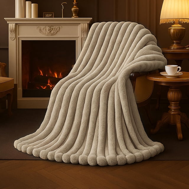 Amélie Home Faux Fur Throw Blanket for Couch, Cozy Fuzzy Fluffy Fur Luxurious Soft Striped Plush Gift Blankets for Family Sofa Chair, 60"x80",