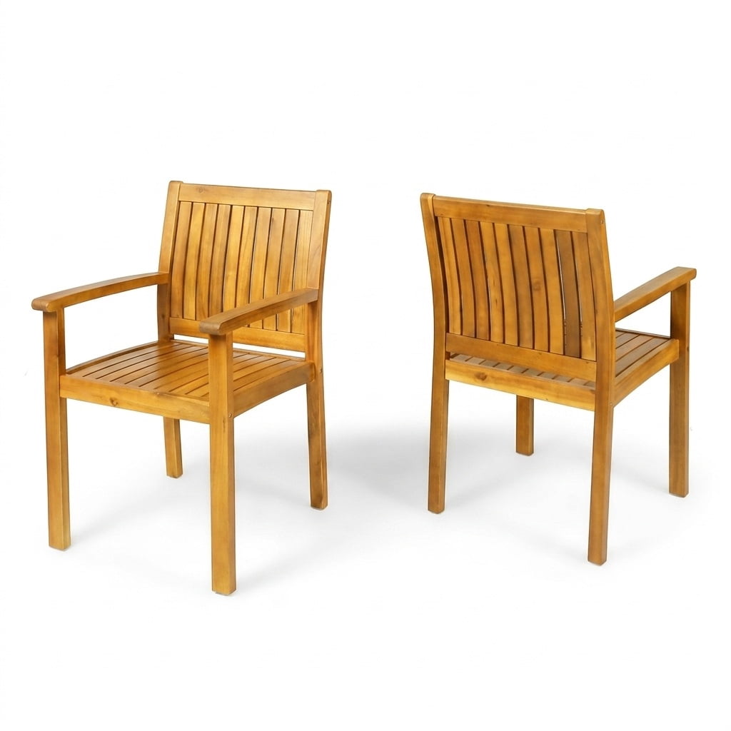 Outdoor Dining Chair Set of 2 with Acacia Wood and Slat Panel Back, Patio Chairs and Garden Seating for Backyard Deck, Teak