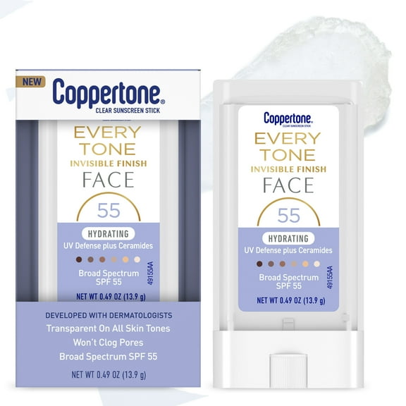 Coppertone Every Tone Invisible Finish Hydrating Face Sunscreen Stick, SPF 55, 0.49 oz Stick