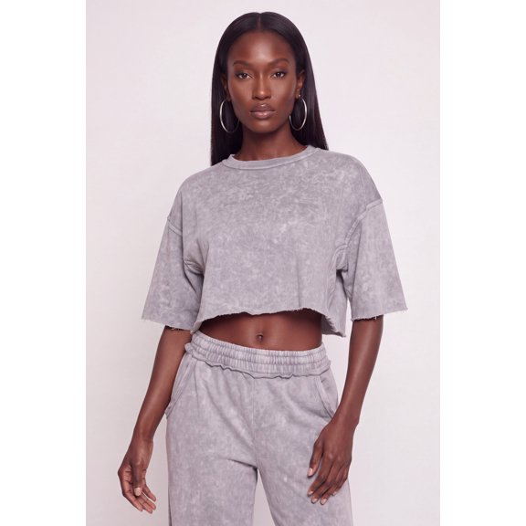 Women's Acid Wash Oversized Cropped Raw Hem Sweatshirt