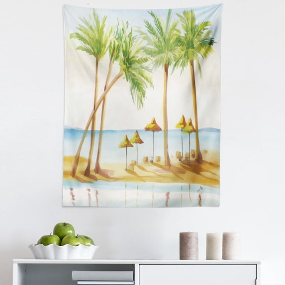 Tropical Tapestry, Tropical Island Sandy Beach with Palm Trees Paradise Coast Relaxation, Fabric Wall Hanging Decor for Bedroom Living Room Dorm, 5 Sizes, Pale Brown Fern Green, by Ambesonne
