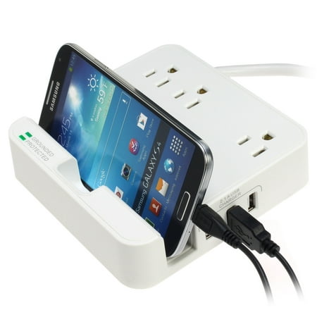 EZOPower White Desktop Dock Charging Station Holder with 3 Outlets & 3 USB 2.1A Ports for iPad, Tablet, iPhone, Smartphone, e-Reader, and more Portable