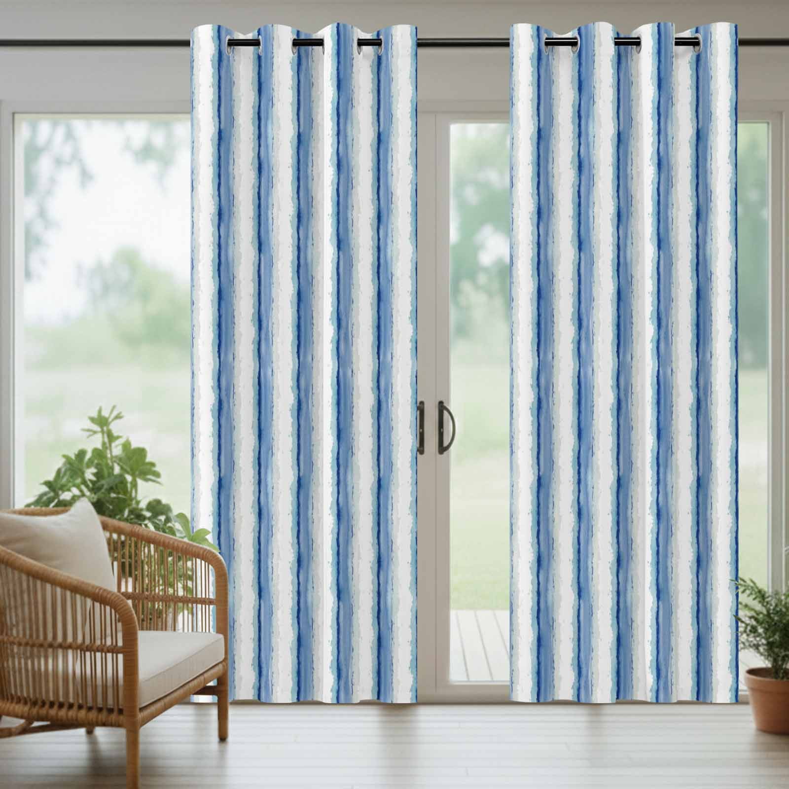 Abstract Blue Stripes Outdoor Curtains for Patio, Minimalist Faded Denim Striped Country Sunshade Privacy Drapes Grommet Waterproof Outside Curtains for Porch/Cabana/Balcony 54"x 108", 1 Panel