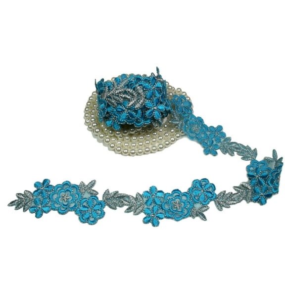 1.75" Silver Metallic with Orange Green Lilac Yellow Turquoise Embroideed Trim