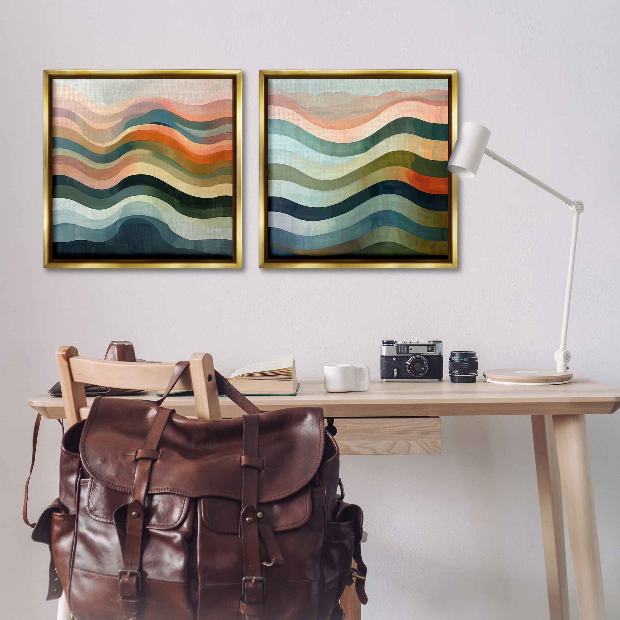 Stupell Industries Earth Tone Fluid Waves Abstract Painting Gold Floater Framed Canvas Art Print Wall Art, 25 x 25, Set of 2