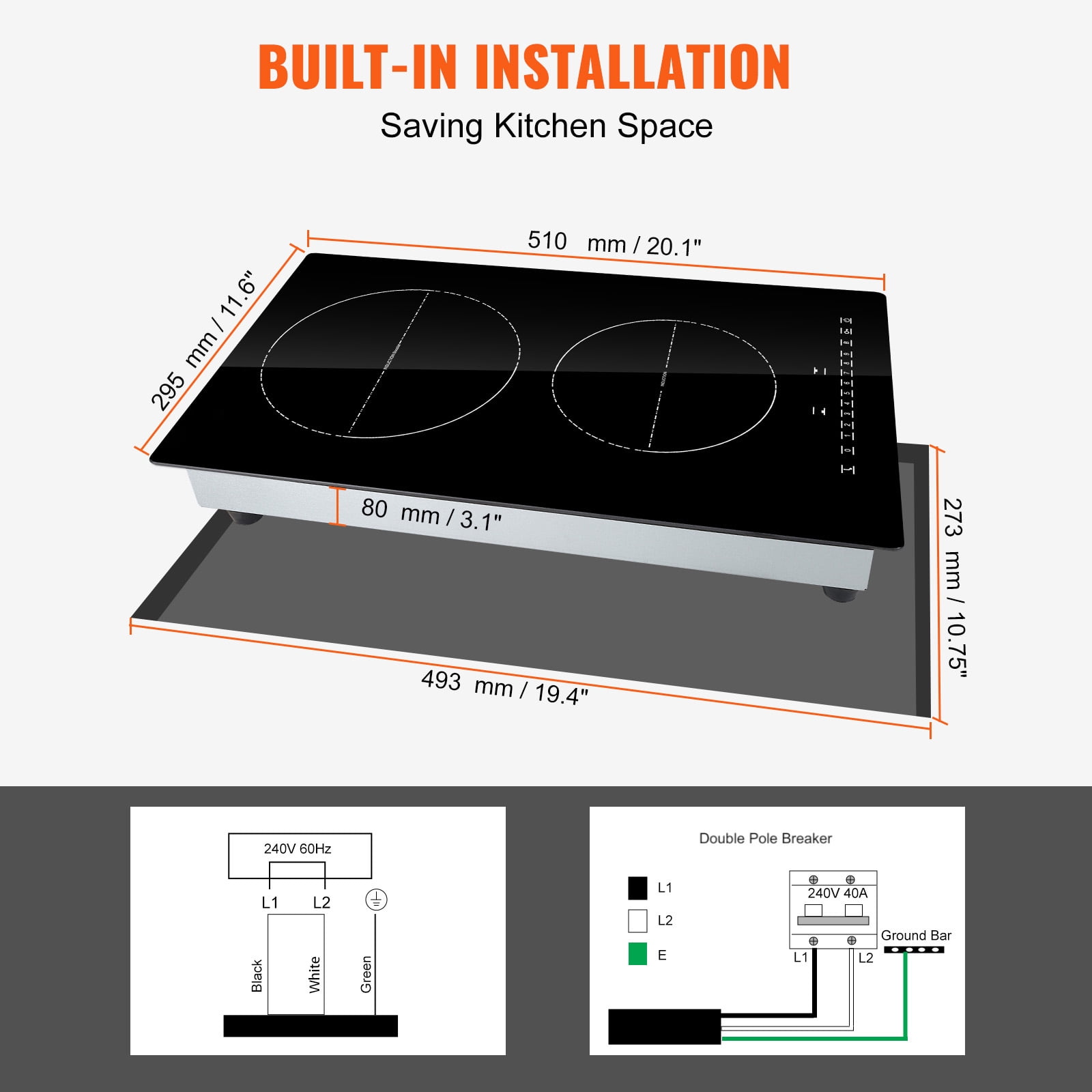 KFFKFF Induction Cooking Plate, Dual Burners, 12'' Magnetic Built-in Stove, 3000W Power, 9 Adjustable Heat Levels, LED Touch Display with Child Safety Lock & Overheat Protection
