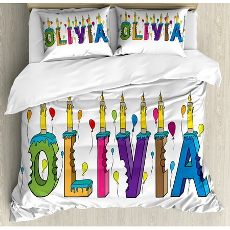 Duvets For Girls Olivia King Size Duvet Cover Set, Colorful Balloons with Cartoon Style Composition Letter Cake Girl Name Illustration, Decorative 3 Piece Bedding Set with 2 Pillow Shams, Multicolor, by Ambesonne ()