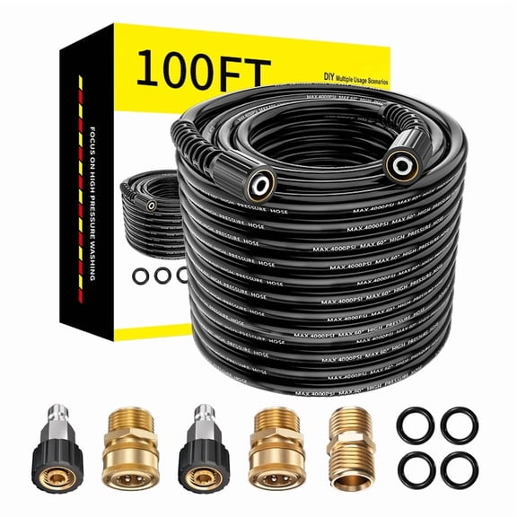 POHIR 100ft Pressure Washer Hose 1/4", 4000PSI Resistant Replacement Hose with M22 to 3/8 Quick Connects Couplers, Electric Power Washing Hose for Replacement